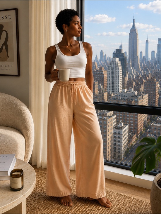 Serra Pants - Serra Linen Blend Wide Leg Pants Neutral Beige Lounge Relaxed Fit Women’s Large